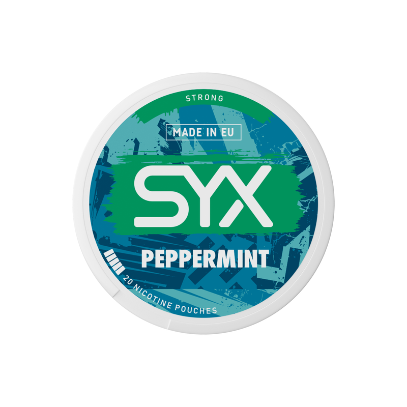 Syx Nicotine Pouch Peppermint in white writing on a green tub strong strength