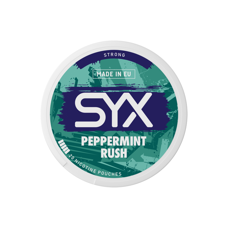 Syx Nicotine Pouch Peppermint Rush in white writing on a green tub strong strength