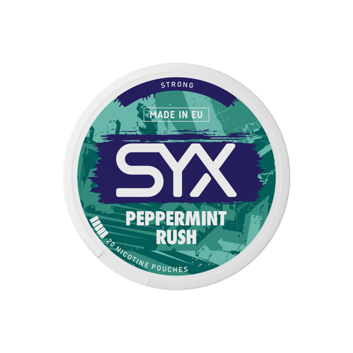 Syx Nicotine Pouch Peppermint Rush in white writing on a green tub strong strength