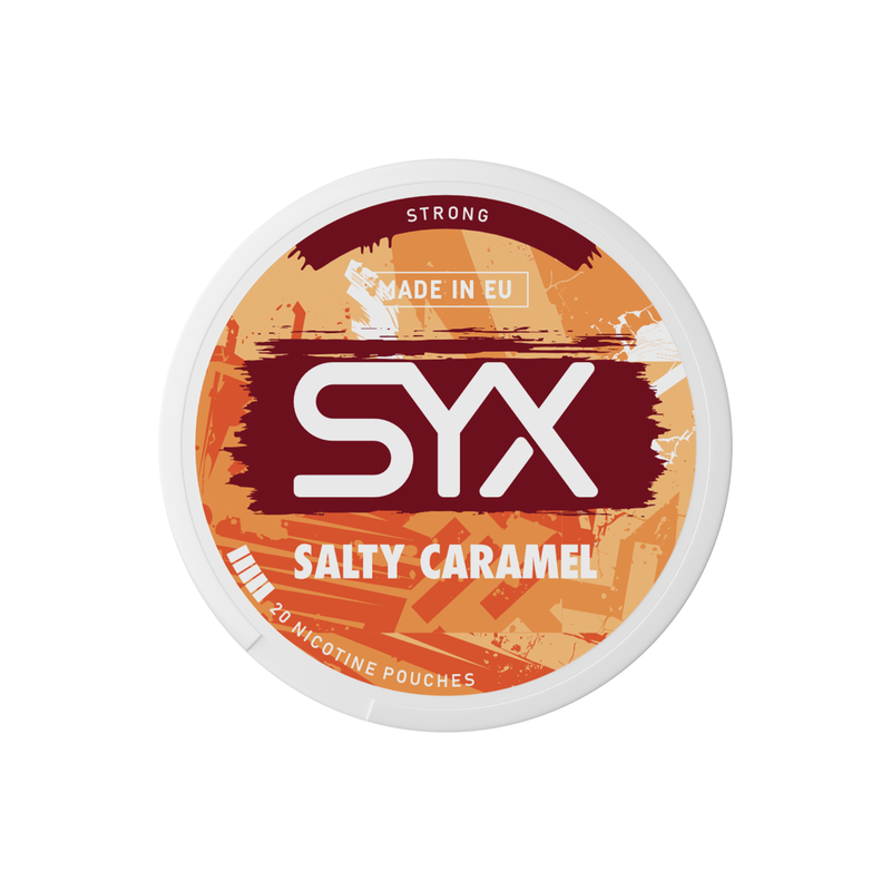 Syx Nicotine Pouch Salty Caramel in white writing on a orange tub strong strength
