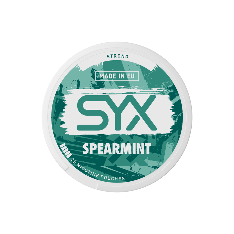 Syx Nicotine Pouch Spearmint in white writing on a green tub strong strength
