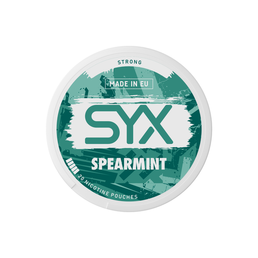 Syx Nicotine Pouch Spearmint in white writing on a green tub strong strength