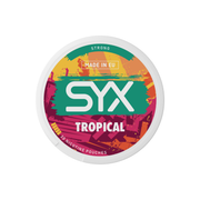 Syx Nicotine Pouch Tropical in white writing on a orange tub strong strength