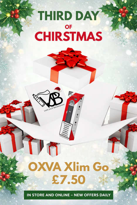 Promotional poster for OXVA Xlim Go vaping device with Christmas-themed design