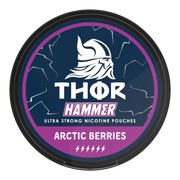 Thor Nicotine Pouch Arctice berries in white writing on a navy tub hammer strength