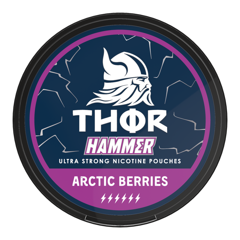 Thor Nicotine Pouch Arctice berries in white writing on a navy tub hammer strength
