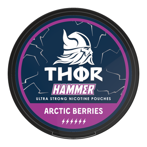 Thor Nicotine Pouch Arctice berries in white writing on a navy tub hammer strength