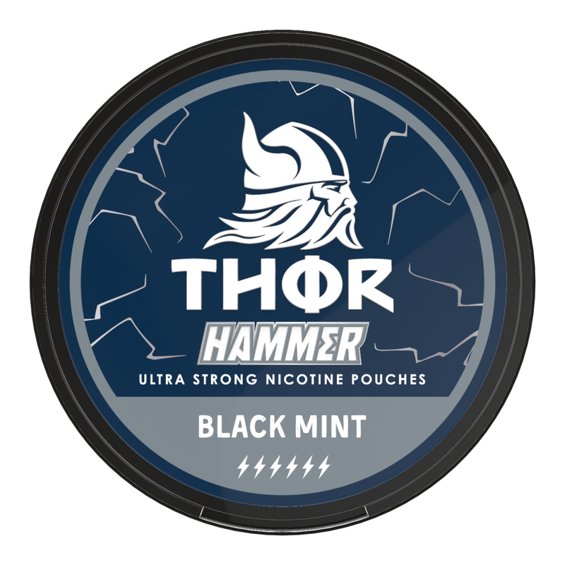Thor Nicotine Pouch Black mint in white writing on a navy tub hammer strength