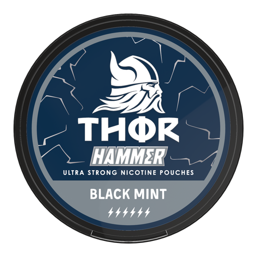 Thor Nicotine Pouch Black mint in white writing on a navy tub hammer strength