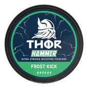 Thor Nicotine Pouch Frost Kick in white writing on a green tub hammer strength