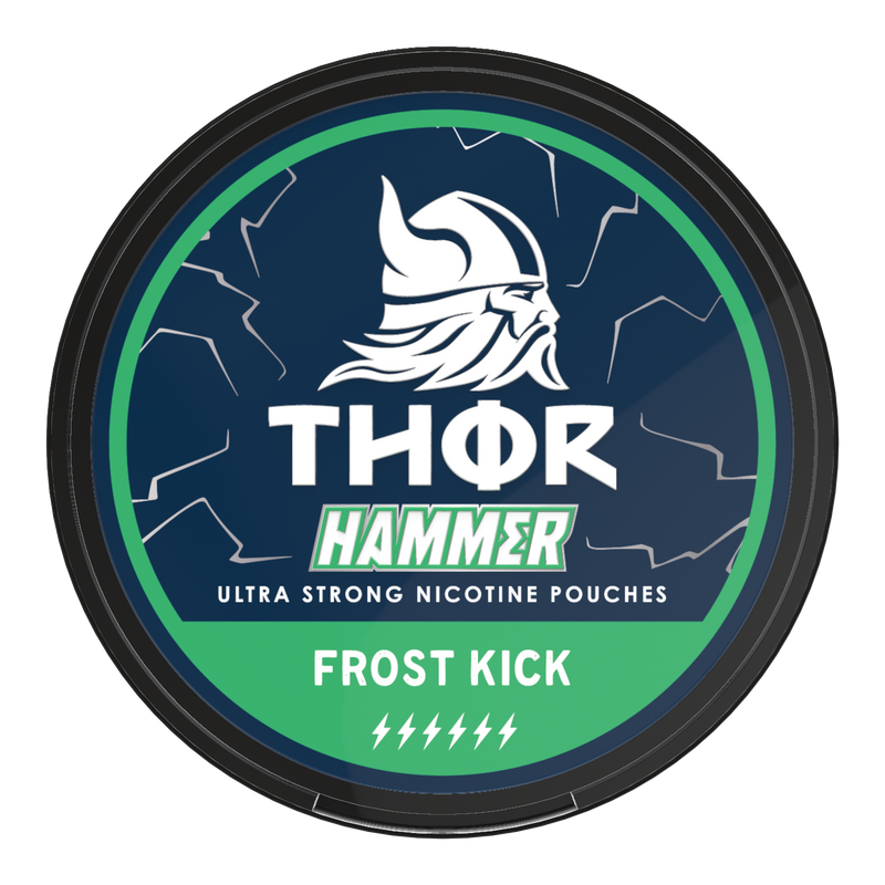 Thor Nicotine Pouch Frost Kick in white writing on a green tub hammer strength
