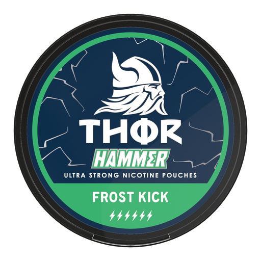 Thor Nicotine Pouch Frost Kick in white writing on a green tub hammer strength