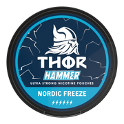 Thor Nicotine Pouch Nordic Freeze in white writing on a navy tub hammer strength