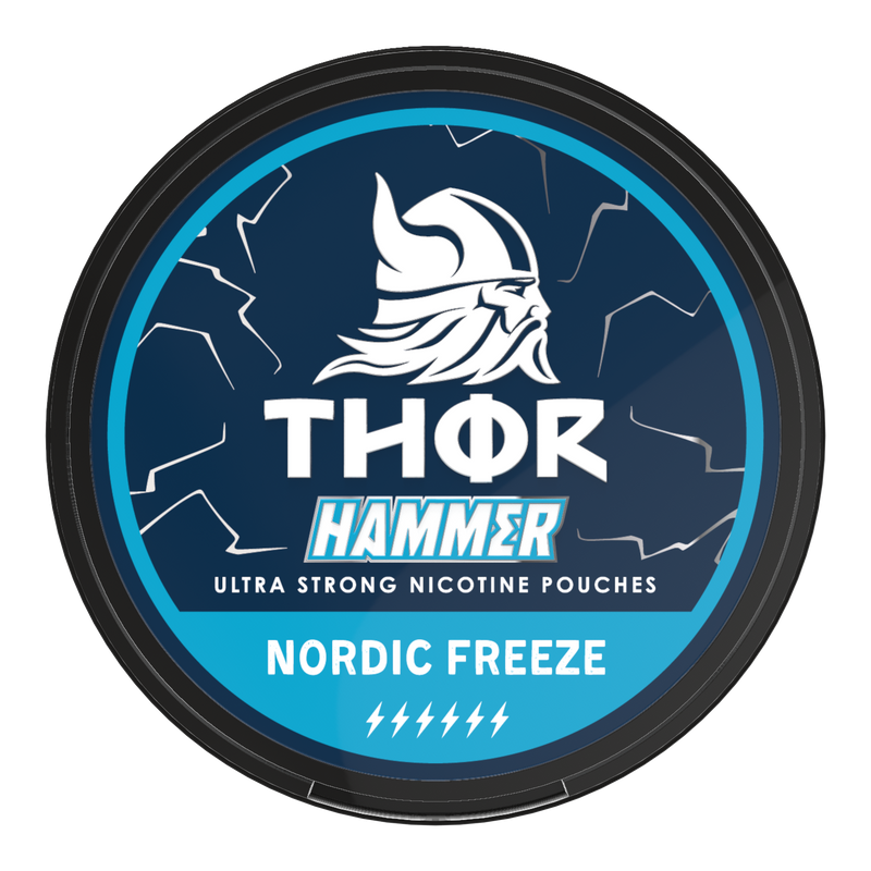 Thor Nicotine Pouch Nordic Freeze in white writing on a navy tub hammer strength