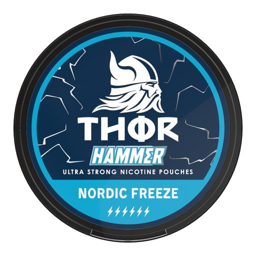 Thor Nicotine Pouch Nordic Freeze in white writing on a navy tub hammer strength
