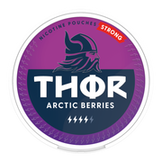 Thor Nicotine Pouch Arctice berries in white writing on a purple tub strong strength