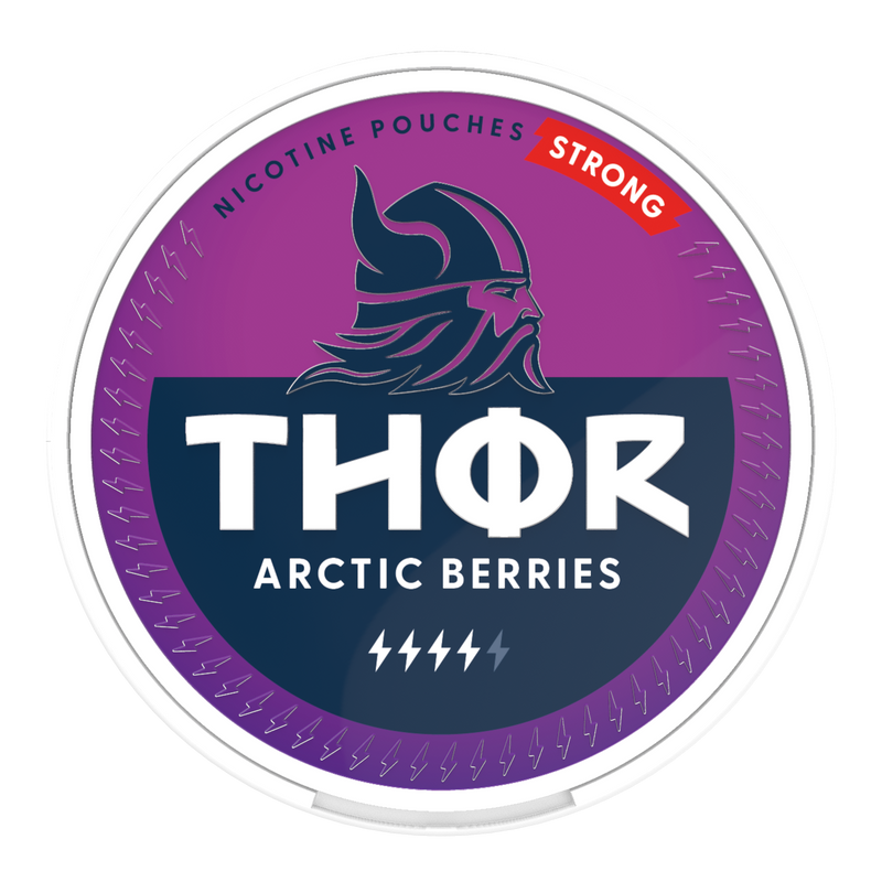 Thor Nicotine Pouch Arctice berries in white writing on a purple tub strong strength