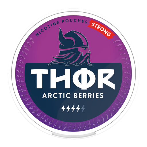 Thor Nicotine Pouch Arctice berries in white writing on a purple tub strong strength