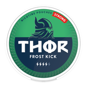 Thor Nicotine Pouch Frost Kick in white writing on a green tub strong strength