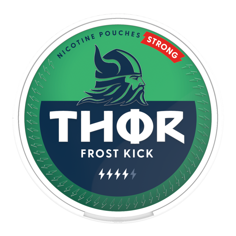 Thor Nicotine Pouch Frost Kick in white writing on a green tub strong strength