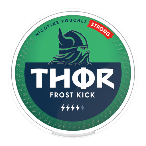 Thor Nicotine Pouch Frost Kick in white writing on a green tub strong strength