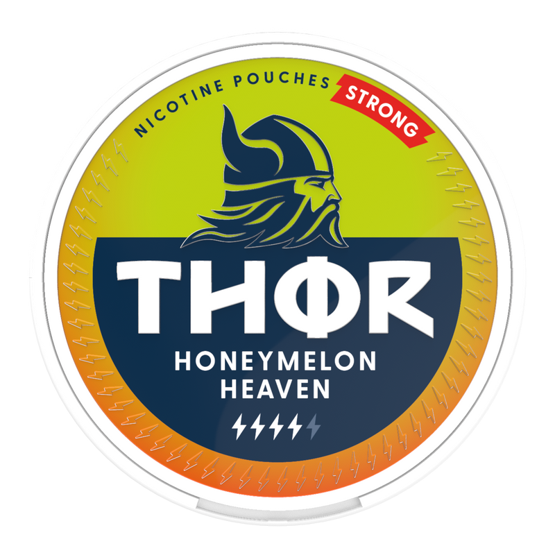 Thor Nicotine Pouch Honeymelon heaven in white writing on a yellow tub hammer strength