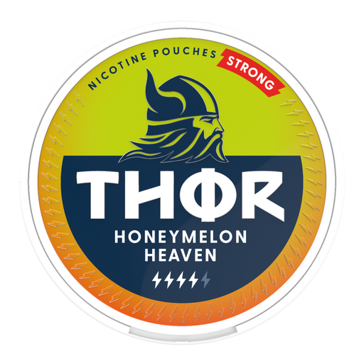 Thor Nicotine Pouch Honeymelon heaven in white writing on a yellow tub hammer strength