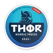 Thor Nicotine Pouch Nordic Freeze in white writing on a light blue tub strong strength