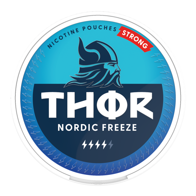 Thor Nicotine Pouch Nordic Freeze in white writing on a light blue tub strong strength