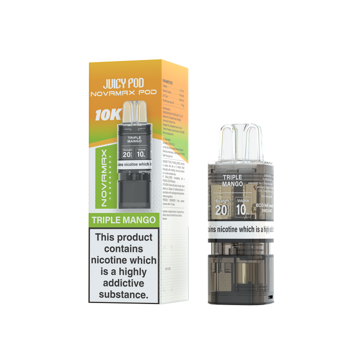 Juicy Pod Novamax Triple Mango vape pod with packaging on a white background