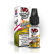 A 10ml bottle of IVG Original Salts Tropical Ice 10mg  e-liquid next to its retail packaging box, both featuring a white and gold design with a prominent nicotine warning label.