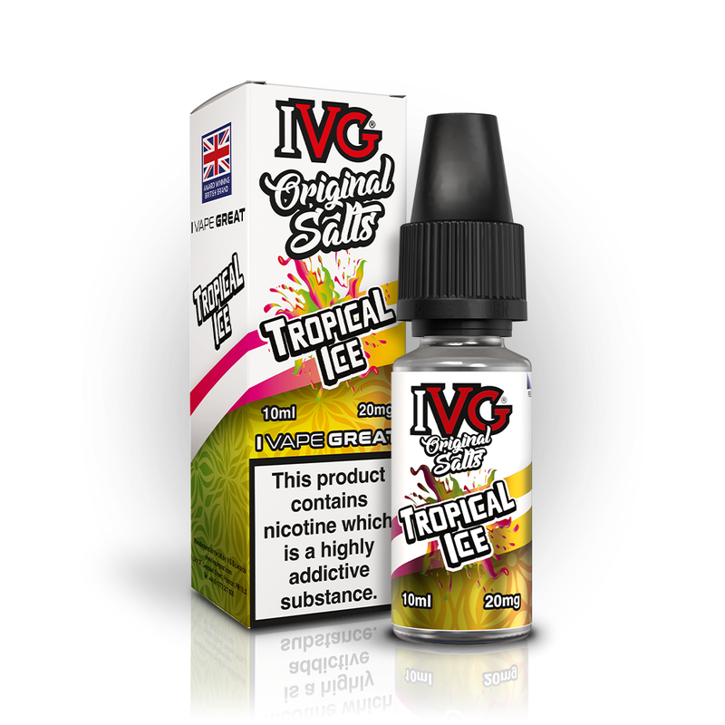 A 10ml bottle of IVG Original Salts Tropical Ice 20mg  e-liquid next to its retail packaging box, both featuring a white and gold design with a prominent nicotine warning label.