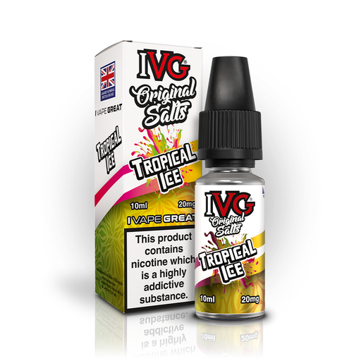 A 10ml bottle of IVG Original Salts Tropical Ice 20mg  e-liquid next to its retail packaging box, both featuring a white and gold design with a prominent nicotine warning label.