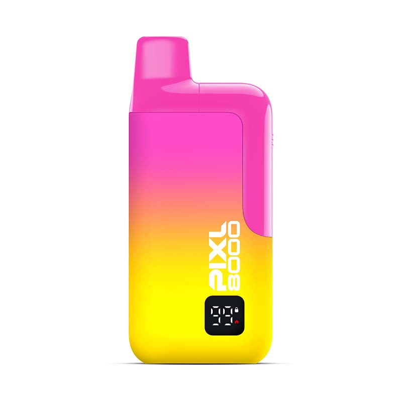 Gradient pink to yellow device with 'Pixl 8000' branding on a white background