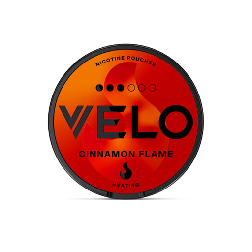 Velo Nicotine Pouch cinnamon flame  in black writing on a orange tub 3 dot strength