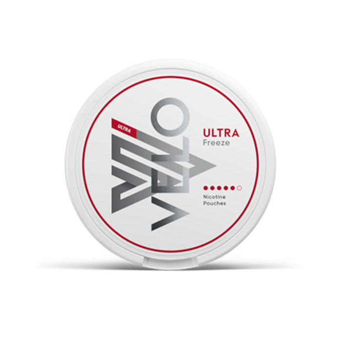 Velo Nicotine Pouch Freeze  in sliver writing on a white tub 5 dot strength