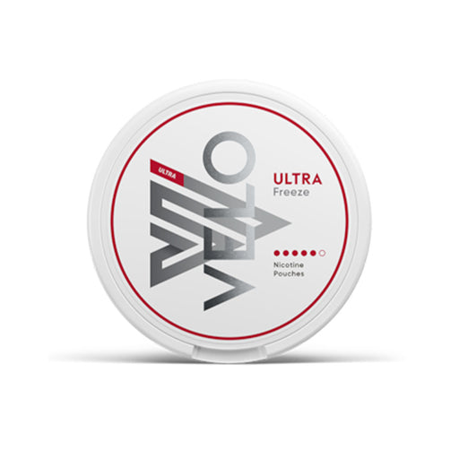 Velo Nicotine Pouch Freeze  in sliver writing on a white tub 5 dot strength