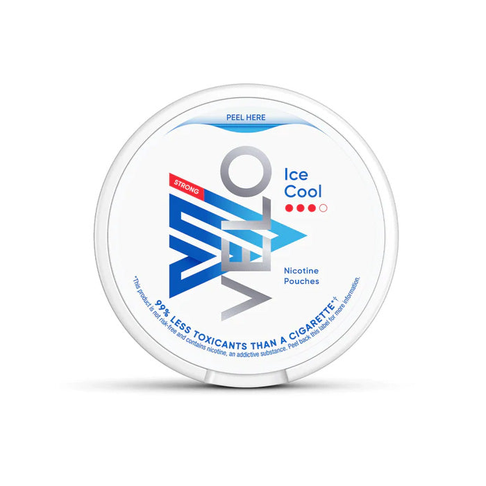 Velo Nicotine Pouch Ice Cool  in sliver writing on a white tub 3 dot strength