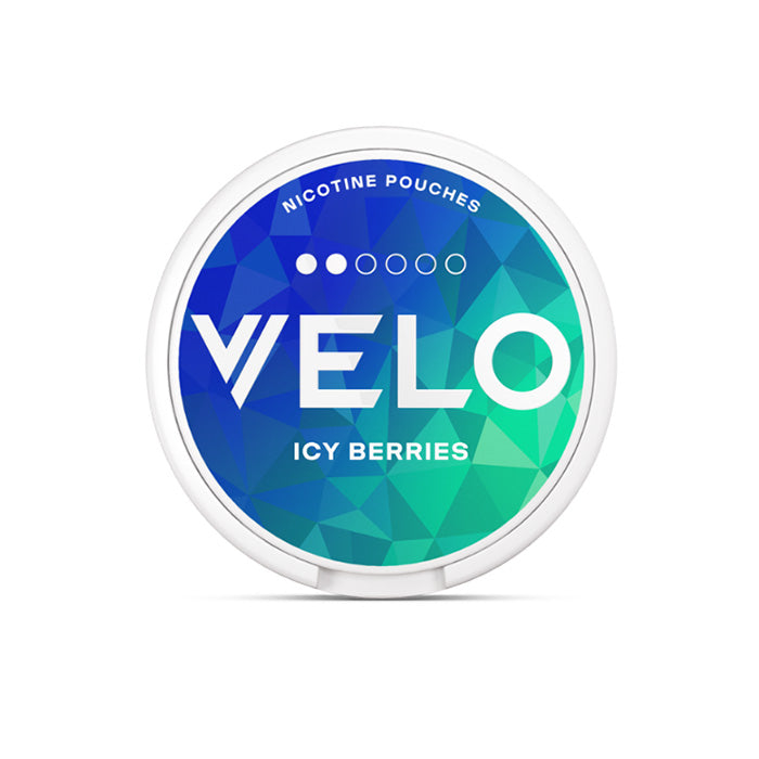 Velo Nicotine Pouch Icy Berries  in white writing on a green and blue tub 2 dot strength