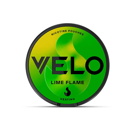 Velo Nicotine Pouch lime flame in black  writing on a green tub 3 dot strength