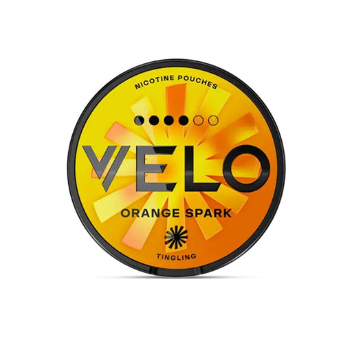 Velo Nicotine Pouch orange spark in black writing on a orange and yellow tub 4 dot strength