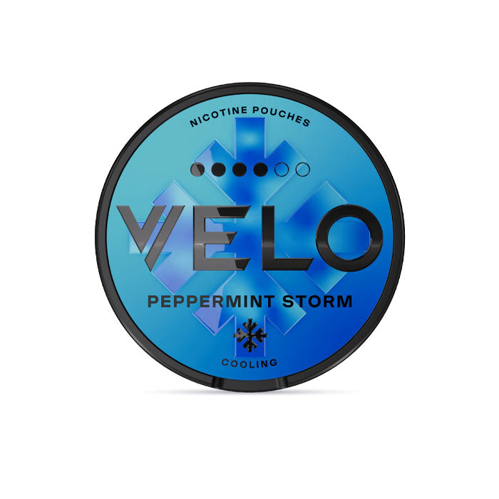 Velo Nicotine Pouch peppermint storm  in black writing on a blue tub 4 dot strength