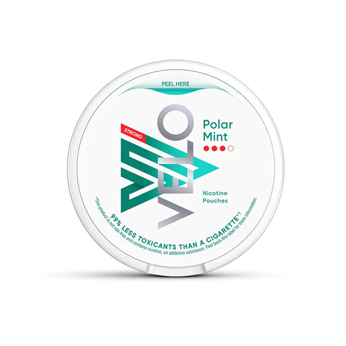 Velo Nicotine Pouch polar Mint in sliver writing on a white tub 3 dot strength