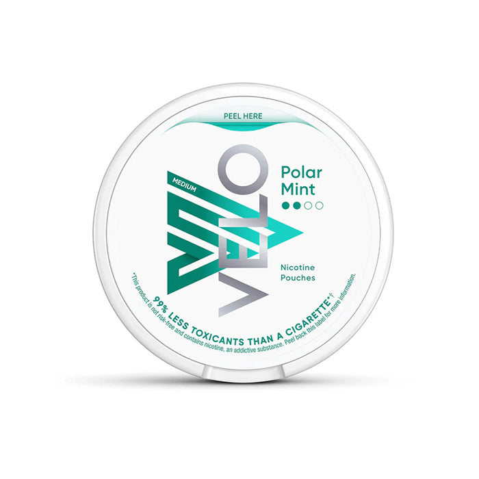 Velo Nicotine Pouch polar Mint in sliver writing on a white tub 2 dot strength