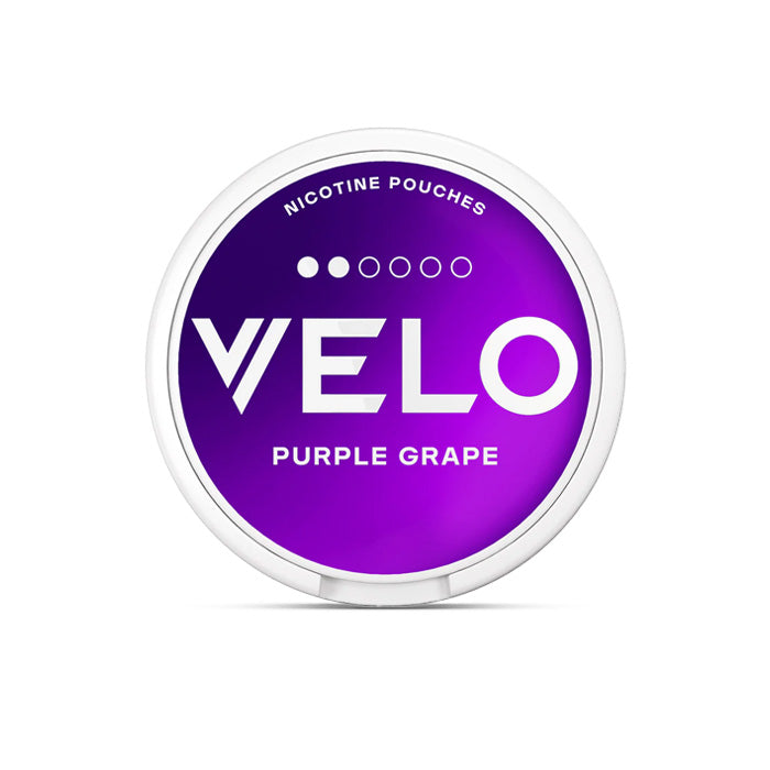 Velo Nicotine Pouch purple grape in white writing on a purple tub 2 dot strength