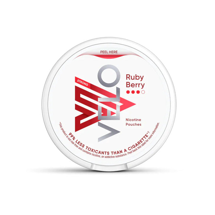 Velo Nicotine Pouch Ruby Berry in sliver writing on a white tub 3 dot strength
