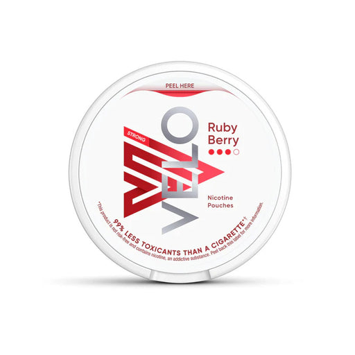 Velo Nicotine Pouch Ruby Berry in sliver writing on a white tub 3 dot strength