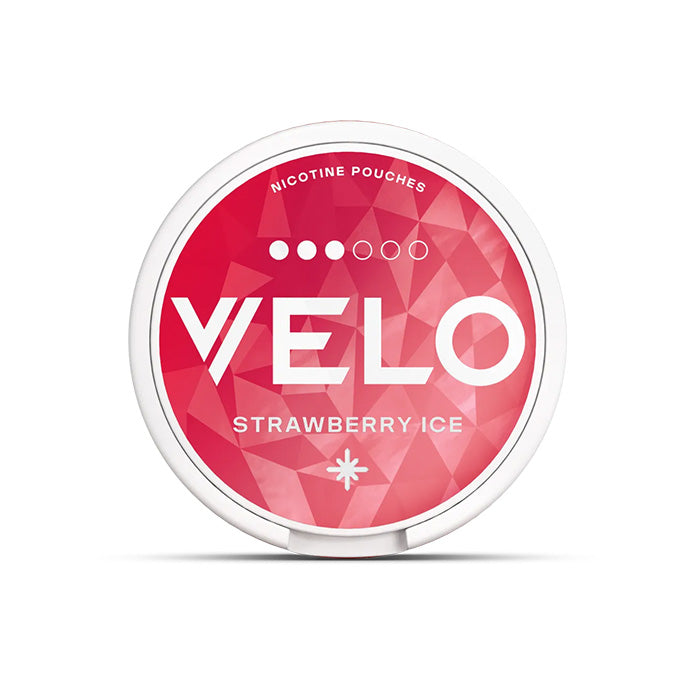 Velo Nicotine Pouch Strawberry Ice  in white writing on a red tub 3 dot strength