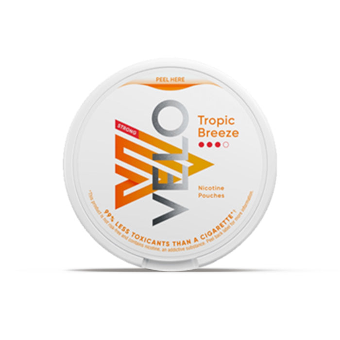 Velo Nicotine Pouch Tropic Breeze  in sliver writing on a white tub 3 dot strength