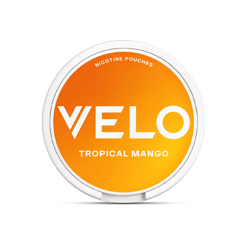 Velo Nicotine Pouch tropical mango in white writing on a orange tub 3 dot strength